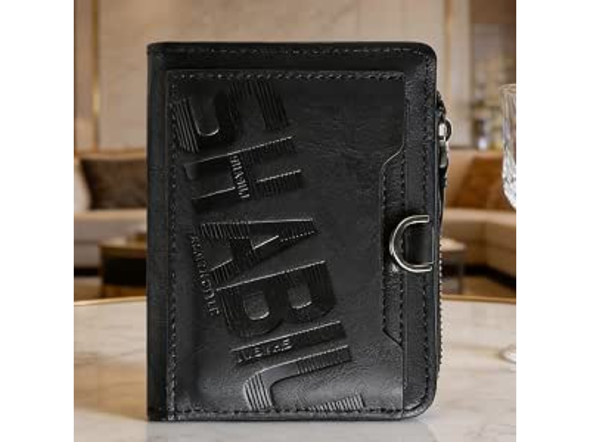 Men's Short Leather Zip Wallet Contemporary Black (Black)