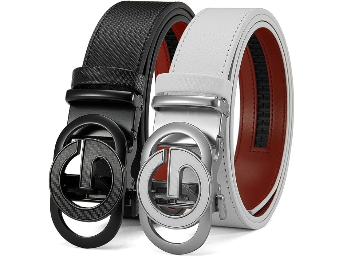 2 Pack Mens Leather Ratchet Belts Casual Belt with Adjustable Buckle Slim Fit