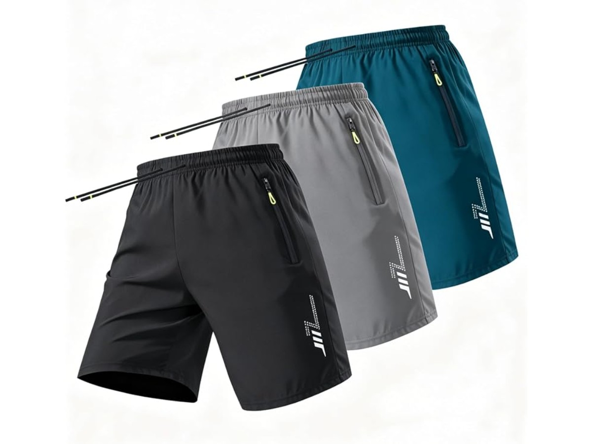 3 Pack Mens Sports Shorts, Quick Dry Lightweight Training Shorts with Zipper Pockets, Breathable Ice Silk