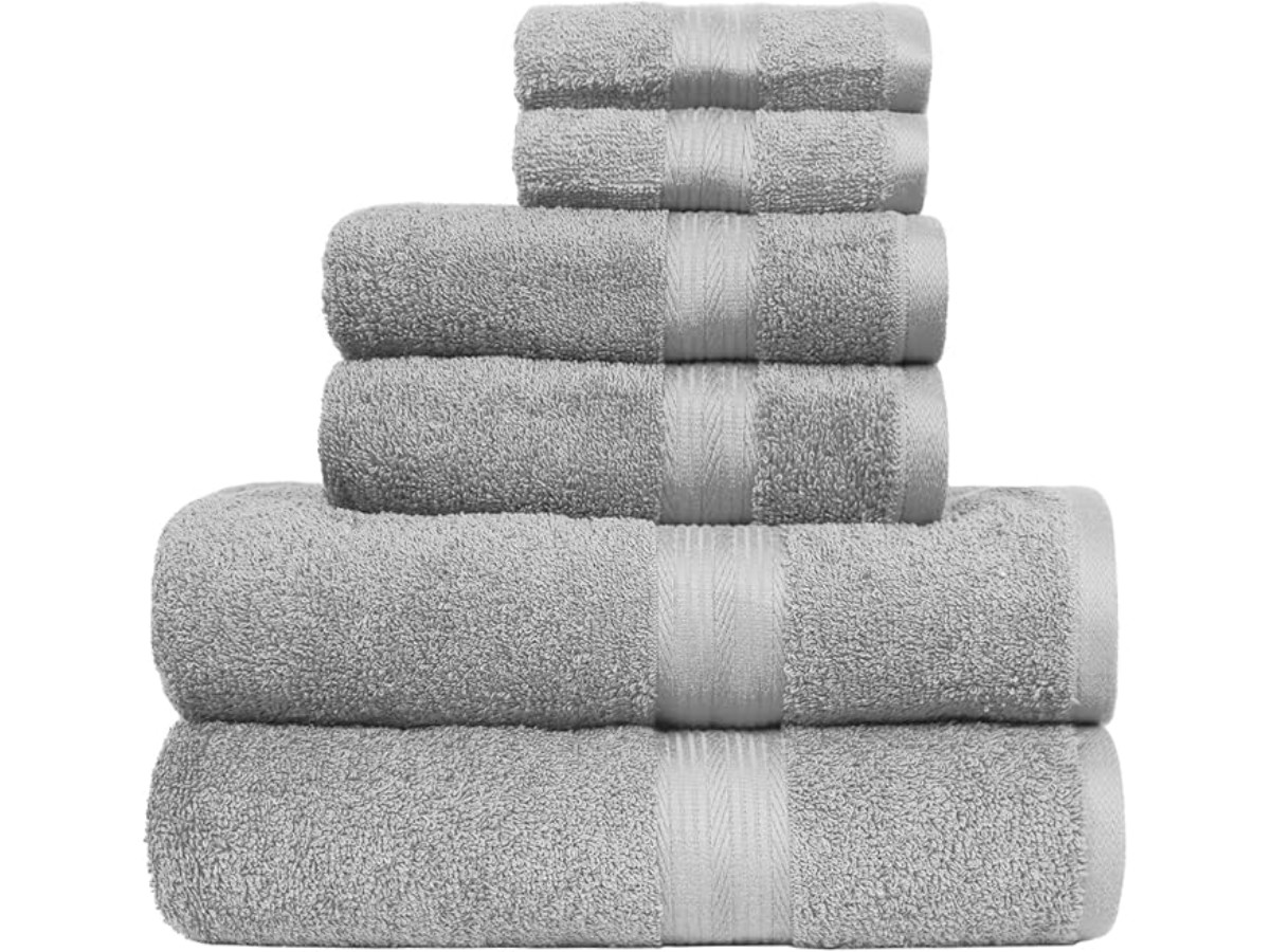 Amazon Basics Set de Bain 6 Pièces - 100% Coton Anti-décoloration - 2 Draps de Bain + 2 Serviettes de Toilette + 2 Gants de Toilette, Gris