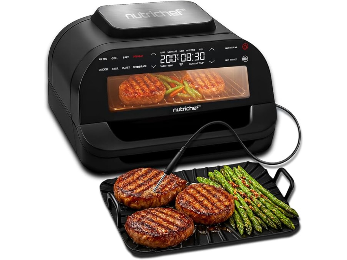 Nutrichef Smokeless Indoor Grill - 6L Air Fryer with Smart Thermometer